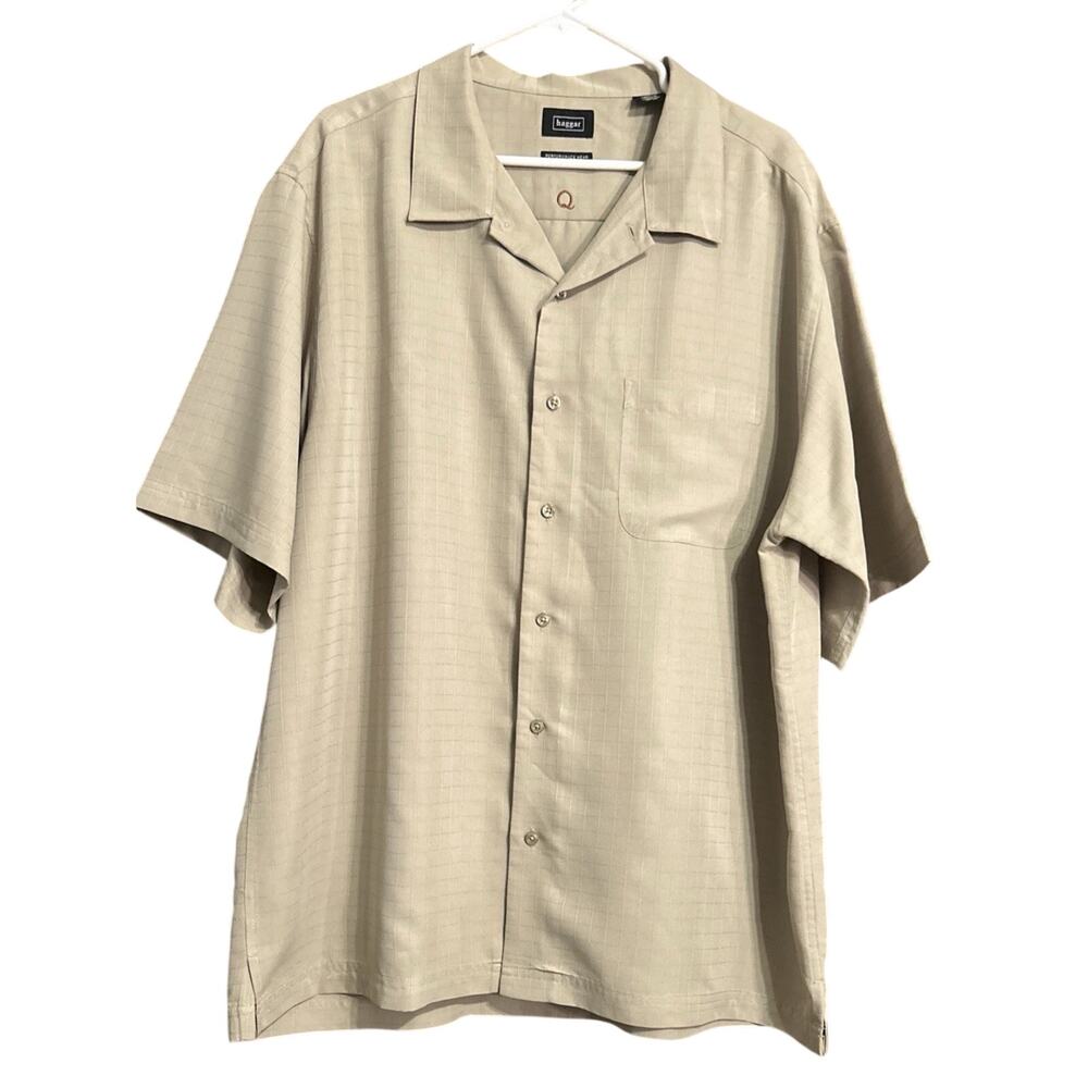 Haggar Q Performance Wear XL Shirt Tan Bowling Lounge Button Up Short Sleeve